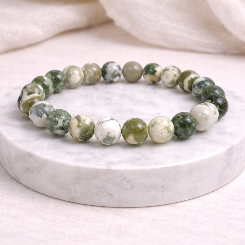 Green Tree Agate Stone 8mm Beads Stretch Bracelet Crystal Jewelry